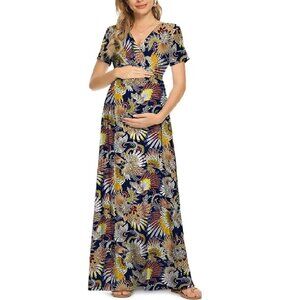 Maxi Dress Short Sleeve Cross Wrap Ruched Maternity Baby Shower Pregnancy NEW